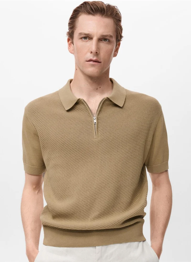 Mango Man Openwork Knitted Polo Shirt