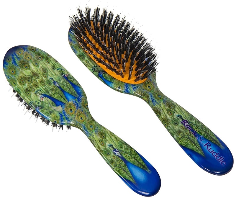 Rock & Ruddle Natural Mixed Boar Bristle Hair Brush for Women and Kids (Small/Travel Size, 17.5cm) - Perfect for Wet or Dry Hair, Detangling Smoothing Blowdrying - Made in UK - Peacocks Design - Image 1