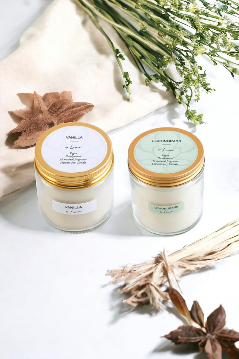 LUMIA Organic Soy Wax Candle Set og 2 Vanilla Lemongrass 24Hour Burn Refreshing Aromatherapy EcoFriendly Vegan NonToxic Perfect Home Gift Choice 90g Each - Image 1