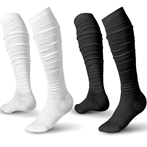 Chuarry 2 Pairs Scrunch Football Socks Non Slip Men Extra Long Soccer Socks Over The Knee Athletic(Black, White) - Image 1