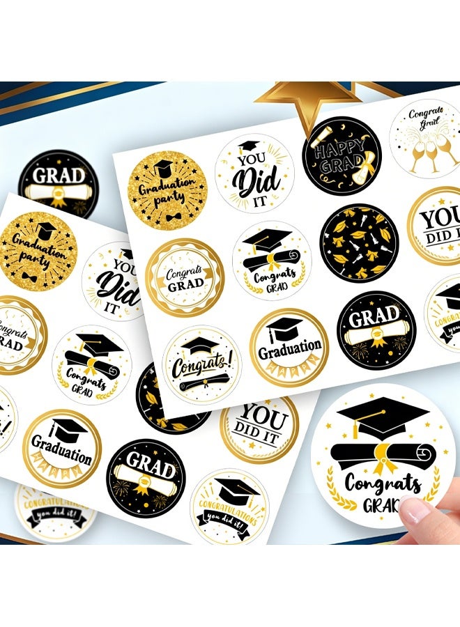 Wffo 10 Sheets（120PCS）Graduation Stickers - 12 Designs - Black Gold Graduation Stickers - Grad Gift Tags Sticker for Envelopes Candy Decorations for Envelope Seal, Grad Party Supplies - Image 3