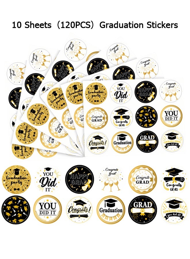 Wffo 10 Sheets（120PCS）Graduation Stickers - 12 Designs - Black Gold Graduation Stickers - Grad Gift Tags Sticker for Envelopes Candy Decorations for Envelope Seal, Grad Party Supplies - Image 1