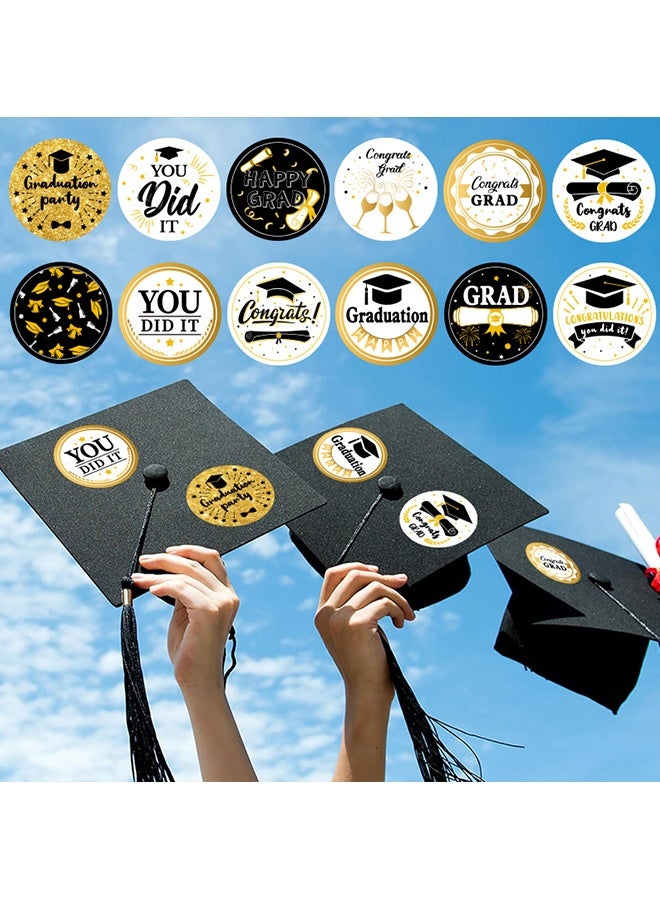 Wffo 10 Sheets（120PCS）Graduation Stickers - 12 Designs - Black Gold Graduation Stickers - Grad Gift Tags Sticker for Envelopes Candy Decorations for Envelope Seal, Grad Party Supplies - Image 5