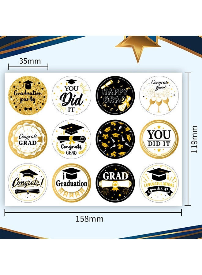 Wffo 10 Sheets（120PCS）Graduation Stickers - 12 Designs - Black Gold Graduation Stickers - Grad Gift Tags Sticker for Envelopes Candy Decorations for Envelope Seal, Grad Party Supplies - Image 2