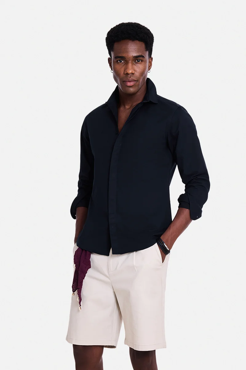 سنيتش Navy Blue Embroidered Long Sleeve Slim Fit Shirt