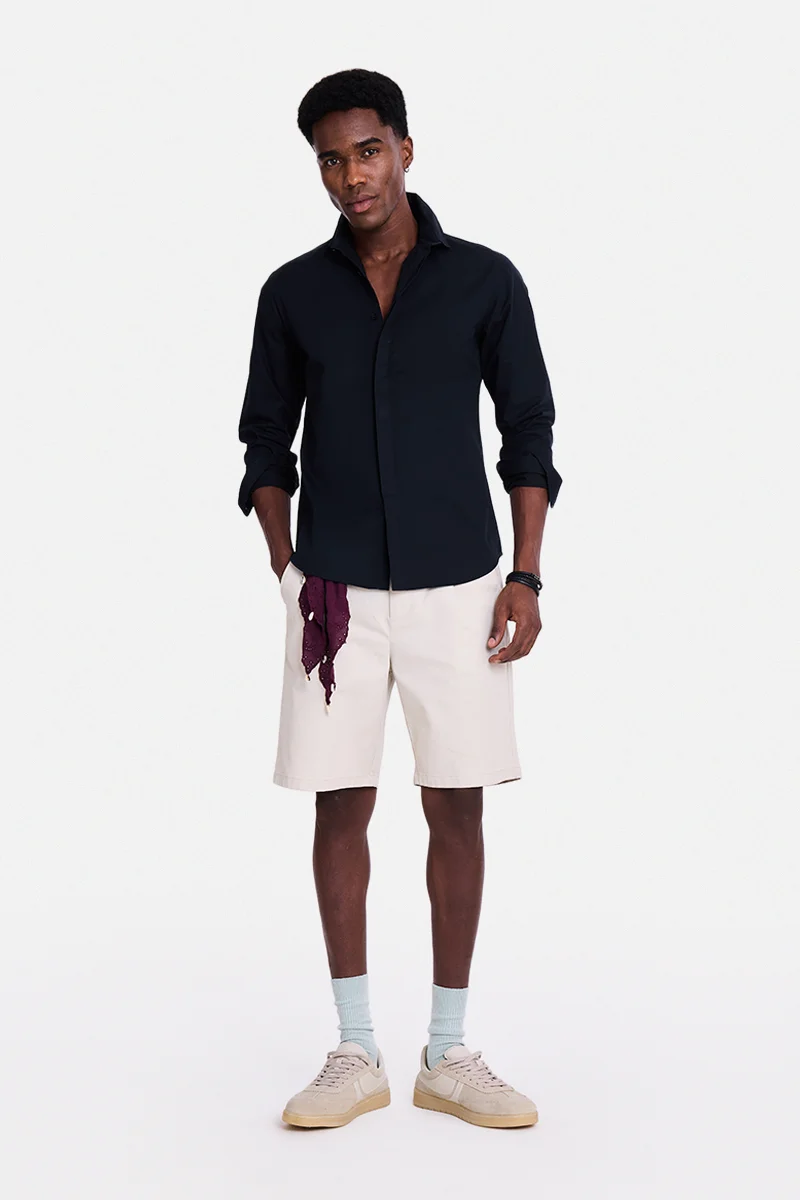 سنيتش Navy Blue Embroidered Long Sleeve Slim Fit Shirt