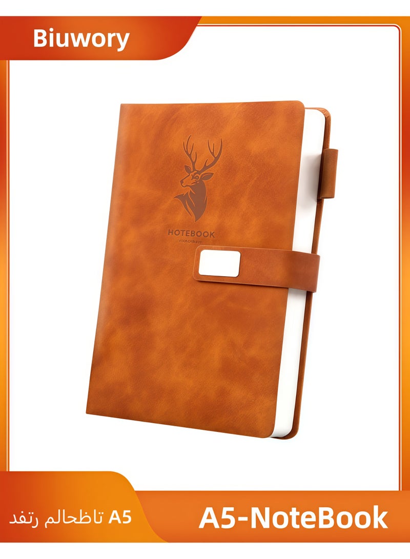 Biuwory دفتر ملاحظات بحجم A5 مبطن بالجلد مع ورق مسطر باللون البرتقالي، مناسب للاجتماعات والدراسة. - Image 1