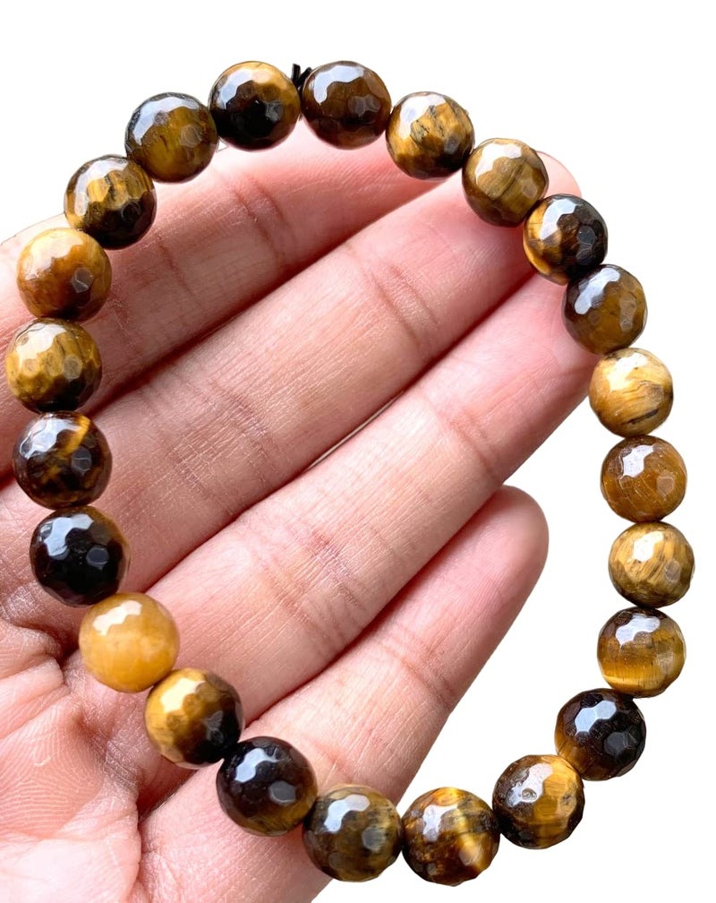 CRYSTALMIRACLE Tigers Eye 7 MM Faceted Round Bead Bracelet Crystal Healing Fashion Accessory Handcrafted - Image 1