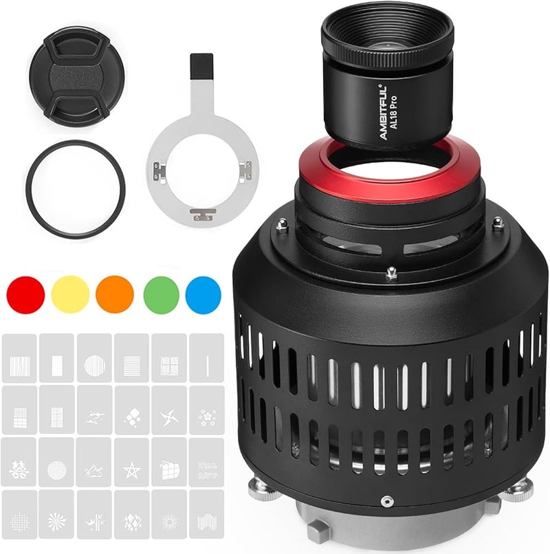 أمبيتيفول 1 AMBITFUL AL-18 Pro سنوت بصري، سنوت إضاءة مركزة بتركيب Bowens مع عدسة 50 مم وتركيز قابل للضبط، جهاز عرض بمكثف مخروطي مع Gobos ومرشحات ملونة لإضاءة التصوير الفوتوغرافي والفيديو في الاستوديو - Image 1