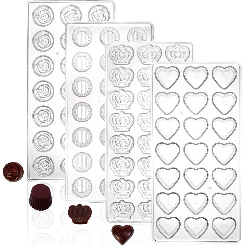 ZEAYEA 4 Pack 87 Grids Polycarbonate Chocolate Mold, Candy Making Mold, DIY Mold Cookie Tray for Mousse Jelly Candy Chocolate, Cup, Heart, Rose, Crown Shape - Image 1