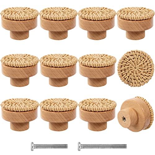ANPHSIN 12 Pack Boho Wood Dresser Drawer Knobs- Handmade Rattan Woven Cabinet Knobs Pulls Handles with 24 Screws for Home Nursery Furniture - Image 1