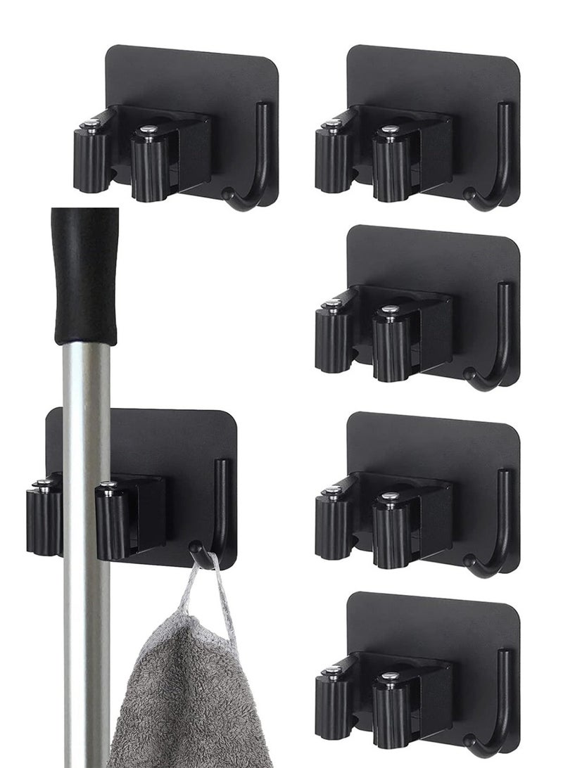 5 PCS Broom Holder Wall Mount No Drilling Mop Holder Stainless Steel Self Adhesive Mop Broom Holder with Hooks Hanger for Office Closet Garden Garage Bathroom Kitchen  - Image 1
