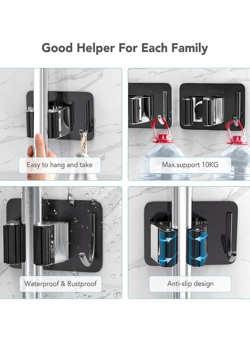 5 PCS Broom Holder Wall Mount No Drilling Mop Holder Stainless Steel Self Adhesive Mop Broom Holder with Hooks Hanger for Office Closet Garden Garage Bathroom Kitchen  - Image 4
