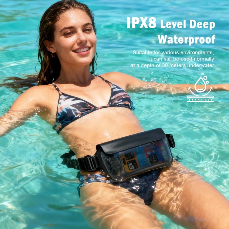 UOEPOWA حقيبة خصر مقاومة للماء 2 قطعة، حقيبة خصر مقاومة للماء IPX8 مع حزام قابل للتعديل، حقيبة جافة بشاشة تعمل باللمس للهاتف وجواز السفر والمحفظة، حقيبة مقاومة للماء طافية للرحلات البحرية والشاطئ والسباحة والتجديف - Image 3
