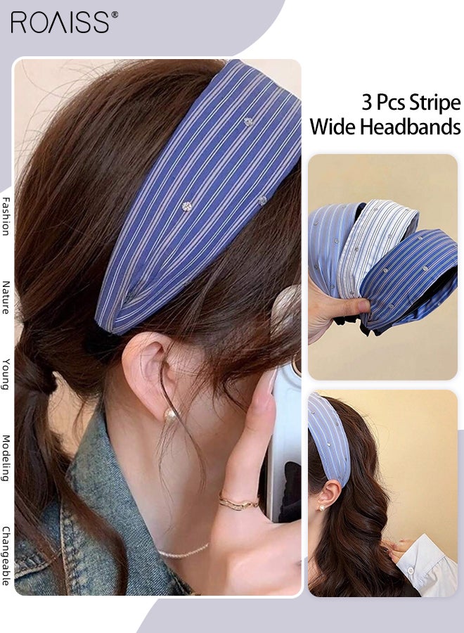 roaiss 3 Pcs Blue Striped Rhinestone Headbands, Wide-edged Non-slip Hairband, Fashionable and Versatile Simple Hair Accessories, Suitable for Women Daily Wear - Image 1