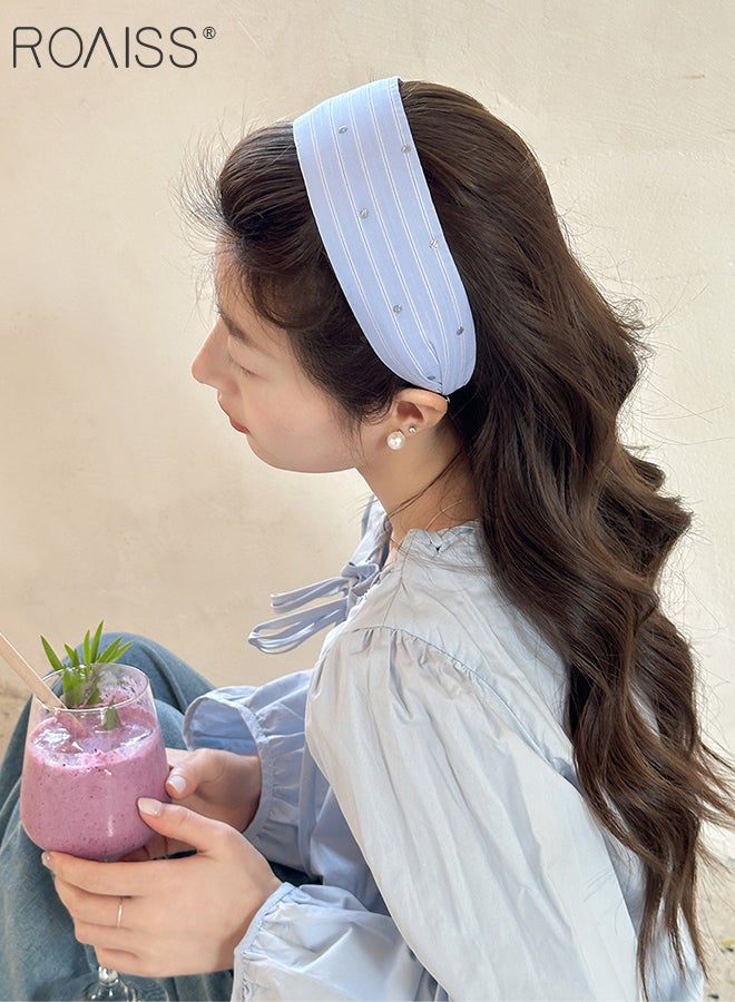 roaiss 3 Pcs Blue Striped Rhinestone Headbands, Wide-edged Non-slip Hairband, Fashionable and Versatile Simple Hair Accessories, Suitable for Women Daily Wear - Image 4