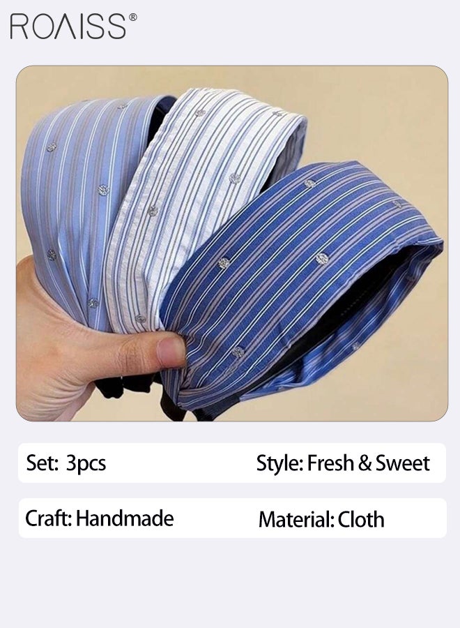 roaiss 3 Pcs Blue Striped Rhinestone Headbands, Wide-edged Non-slip Hairband, Fashionable and Versatile Simple Hair Accessories, Suitable for Women Daily Wear - Image 5