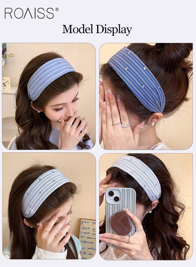 roaiss 3 Pcs Blue Striped Rhinestone Headbands, Wide-edged Non-slip Hairband, Fashionable and Versatile Simple Hair Accessories, Suitable for Women Daily Wear - Image 2