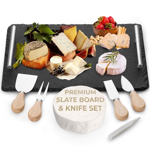 YES4QUALITY Slate Cheese Board Set w/Easy Carry Handles (14” x 10”, Black) Natural Stone Slate Tray for Appetizer Serving; Full Deluxe Cheeseboard Platter w/ 3 Knives, 1 Fork & 2 Soapstone Chalks by Yes4Quality - Image 1