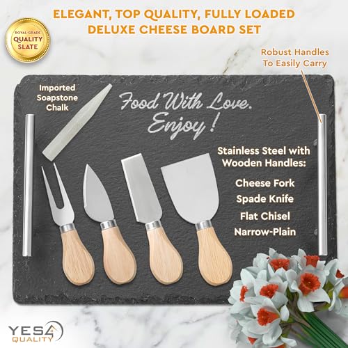 YES4QUALITY Slate Cheese Board Set w/Easy Carry Handles (14” x 10”, Black) Natural Stone Slate Tray for Appetizer Serving; Full Deluxe Cheeseboard Platter w/ 3 Knives, 1 Fork & 2 Soapstone Chalks by Yes4Quality - Image 2