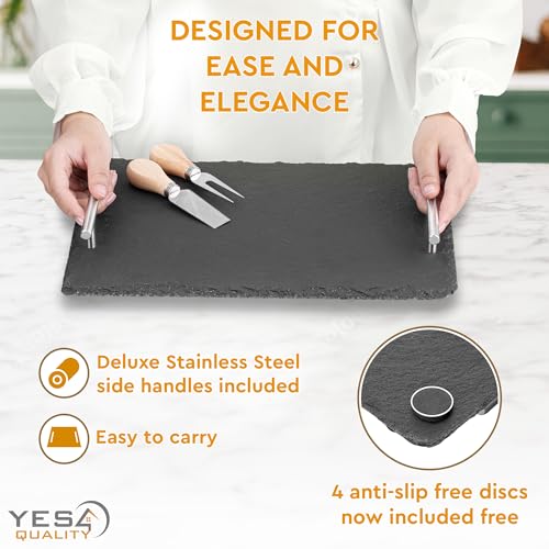 YES4QUALITY Slate Cheese Board Set w/Easy Carry Handles (14” x 10”, Black) Natural Stone Slate Tray for Appetizer Serving; Full Deluxe Cheeseboard Platter w/ 3 Knives, 1 Fork & 2 Soapstone Chalks by Yes4Quality - Image 5
