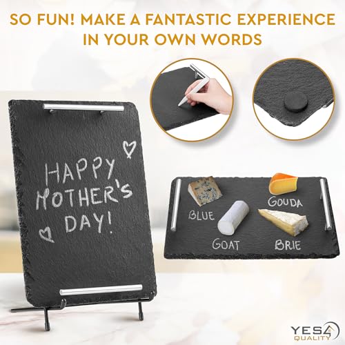 YES4QUALITY Slate Cheese Board Set w/Easy Carry Handles (14” x 10”, Black) Natural Stone Slate Tray for Appetizer Serving; Full Deluxe Cheeseboard Platter w/ 3 Knives, 1 Fork & 2 Soapstone Chalks by Yes4Quality - Image 4
