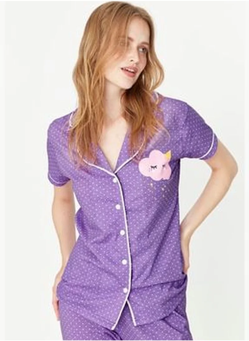 trendyol Lilac Printed Shirt-Pants and Knitted Pajamas Set