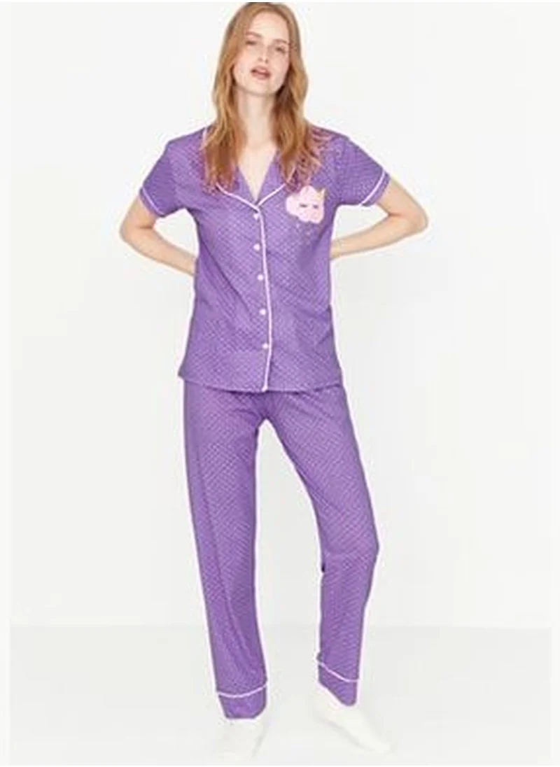 trendyol Lilac Printed Shirt-Pants and Knitted Pajamas Set