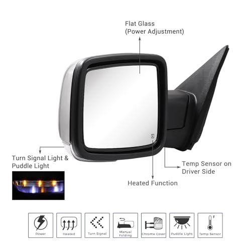 Sanooer Side Mirror Compatible with Towing Mirror 2009-2018 Dodge Ram 1500 2010-2018 Dodge Ram 2500 3500 with Power Heated Turn Signal temperature sensor Only Left Side (chrome) - Image 3