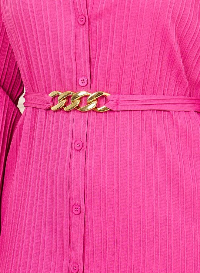 ستايلي Plus Textured Chain Accent Belted Shirt Midi Dress
