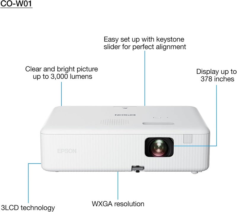 إبسون إيبسون CO-W01 جهاز عرض WXGA، تقنية 3LCD، سطوع 3000 لومن، حجم شاشة 378 بوصة، أبيض، مدمج - Image 5