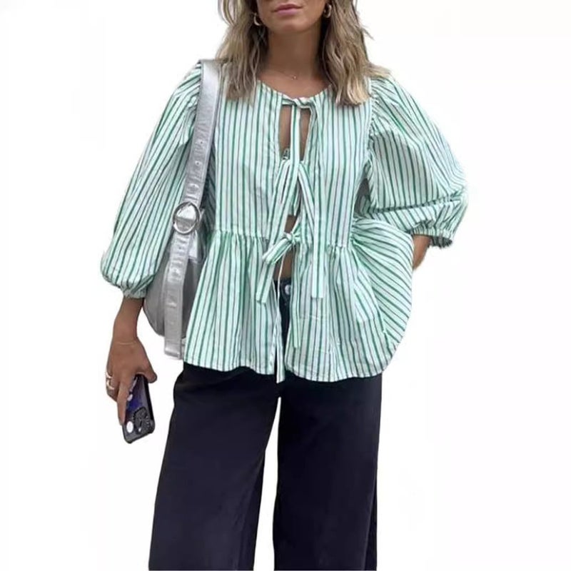 Womens Lace-Up Front Top Leopard Print Ruffled Doll Top 3/4 Length Puff Sleeve green bar