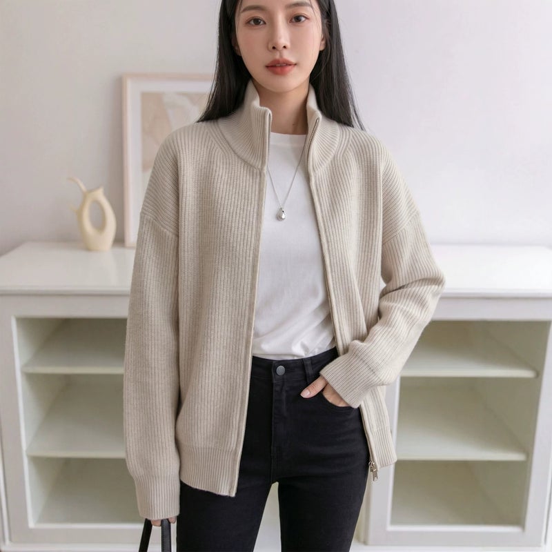 Women's Half-Zip Ribbed Knit Cardigan, Thick & Loose Fit - Image 3