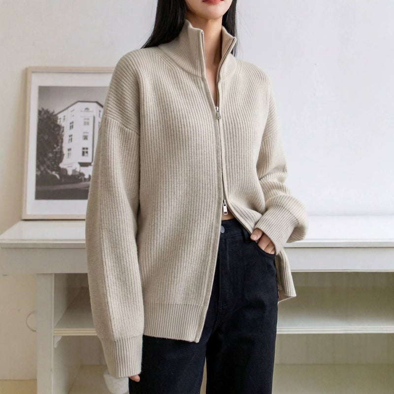 Women's Half-Zip Ribbed Knit Cardigan, Thick & Loose Fit - Image 2