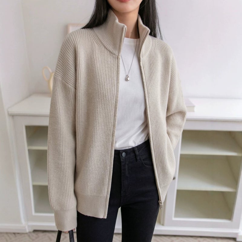 Women's Half-Zip Ribbed Knit Cardigan, Thick & Loose Fit - Image 1