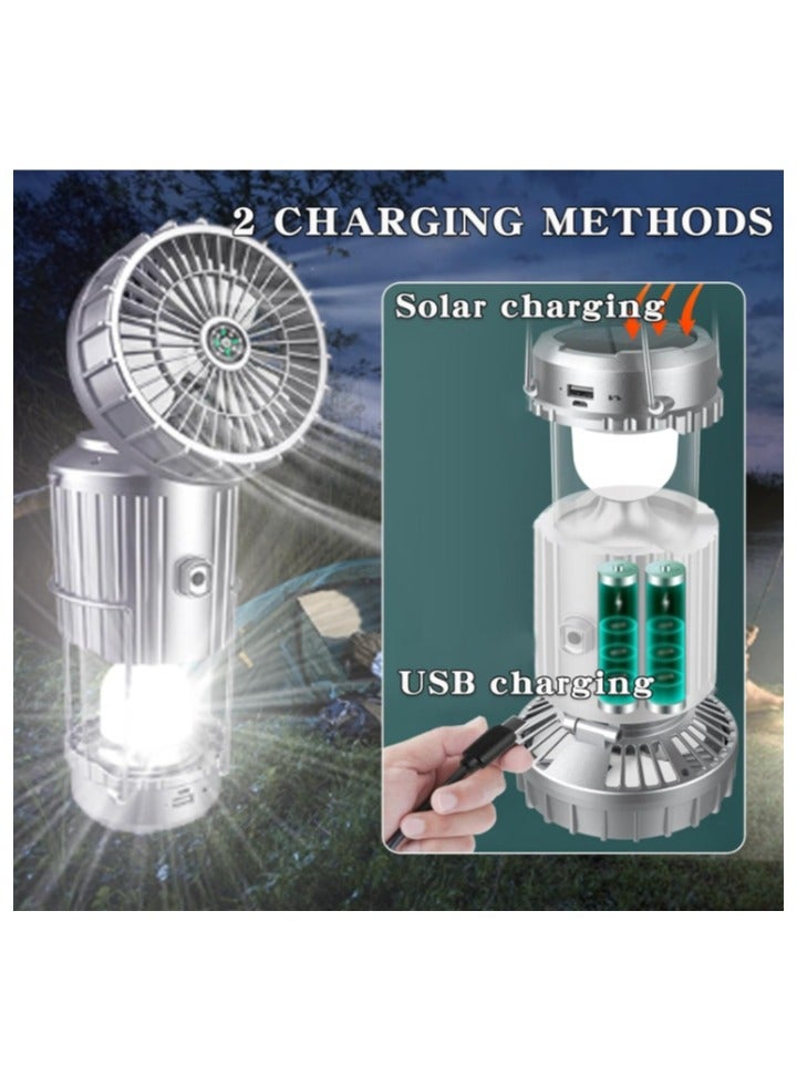 فانوس تخييم خارجي محمول 5 في 1 مع مروحة، مروحة تخييم محمولة قابلة للطي تعمل بالطاقة الشمسية وقابلة لإعادة الشحن عبر USB، ضوء تخييم معلق متعدد الوظائف للخيمة والمشي لمسافات طويلة والأنشطة الخارجية - Image 4