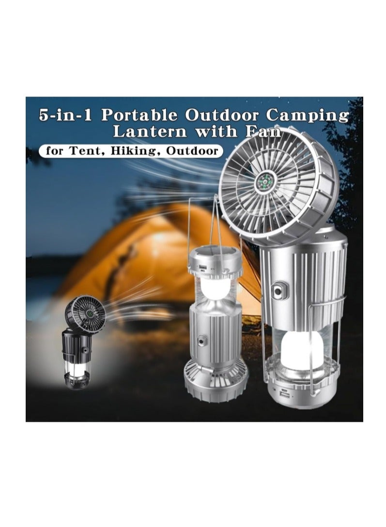 فانوس تخييم خارجي محمول 5 في 1 مع مروحة، مروحة تخييم محمولة قابلة للطي تعمل بالطاقة الشمسية وقابلة لإعادة الشحن عبر USB، ضوء تخييم معلق متعدد الوظائف للخيمة والمشي لمسافات طويلة والأنشطة الخارجية - Image 2