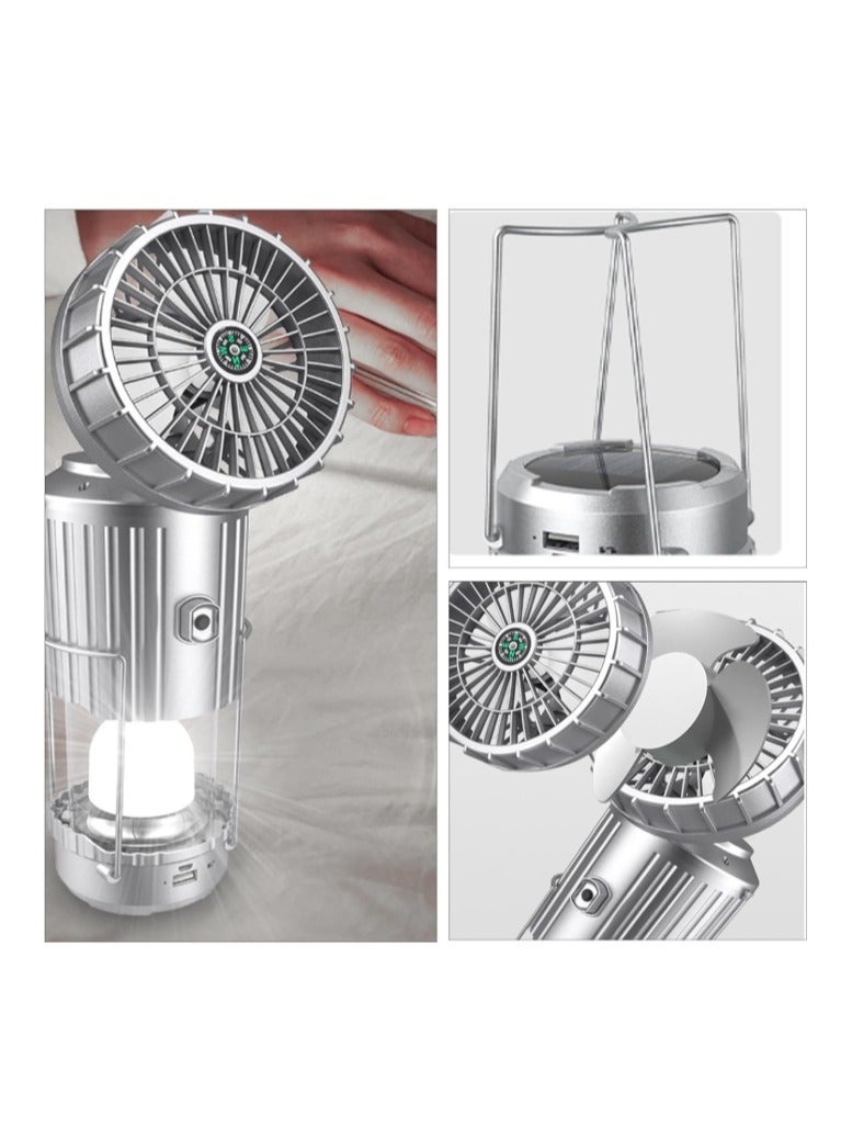 فانوس تخييم خارجي محمول 5 في 1 مع مروحة، مروحة تخييم محمولة قابلة للطي تعمل بالطاقة الشمسية وقابلة لإعادة الشحن عبر USB، ضوء تخييم معلق متعدد الوظائف للخيمة والمشي لمسافات طويلة والأنشطة الخارجية - Image 3