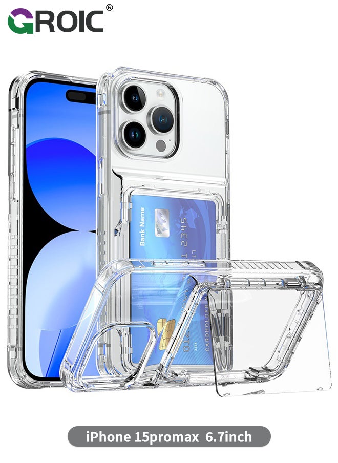 GROIC حافظة iPhone 15 Pro Max بمحفظة شفافة وغطاء قلاب ومسند 4 بطاقات وجيب خلفي وحامل بطاقة الائتمان وفتحة لبطاقة الهوية ومصد TPU متين من البولي كربونات الصلب ودرع هجين لهاتف iPhone 15 Pro Max  - Image 1