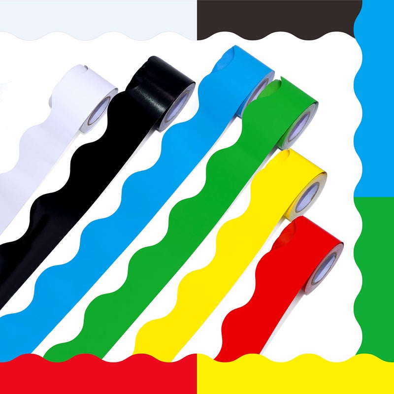 6 Rolls Bulletin Board Borders 240Ft Scalloped Rolled Border Trim with Wavy Line Design Yellow Green Red Blue Black White Decoration for School Classroom Offices 40Ft per Roll
