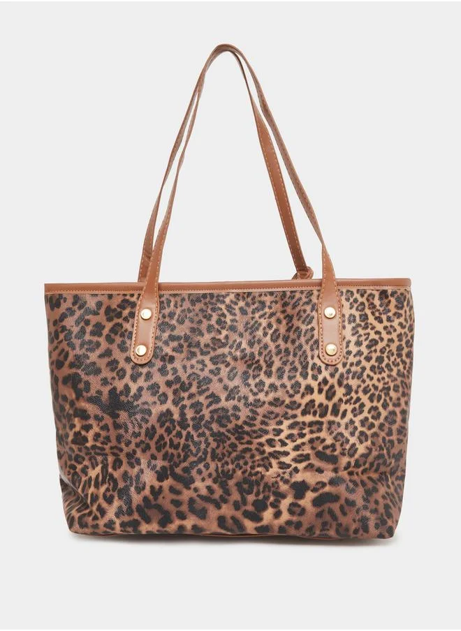 ستايلي Styli Leopard Print Tote Bag with Dual Handle