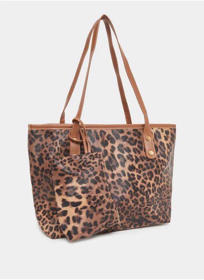 ستايلي Styli Leopard Print Tote Bag with Dual Handle