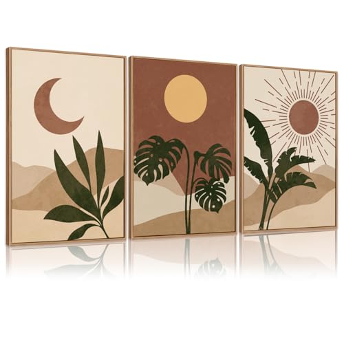 KAIRNE Vintage Sun and Moon Framed Canvas Wall Art Set,Boho Desert Botanical Wall Decor,Abstract Green Terracotta Art Prints,Retro Minimalist Artwork for Living Room,Bedroom,Farmhouse,Office-16"x24"x3 - Image 1