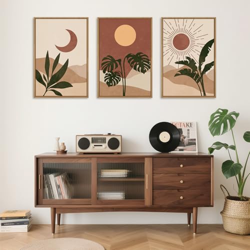 KAIRNE Vintage Sun and Moon Framed Canvas Wall Art Set,Boho Desert Botanical Wall Decor,Abstract Green Terracotta Art Prints,Retro Minimalist Artwork for Living Room,Bedroom,Farmhouse,Office-16"x24"x3 - Image 3