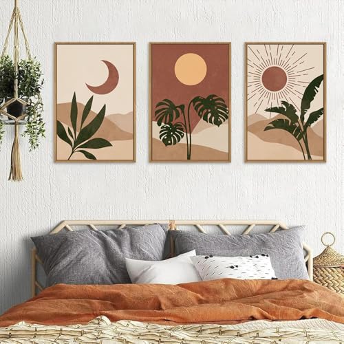 KAIRNE Vintage Sun and Moon Framed Canvas Wall Art Set,Boho Desert Botanical Wall Decor,Abstract Green Terracotta Art Prints,Retro Minimalist Artwork for Living Room,Bedroom,Farmhouse,Office-16"x24"x3 - Image 5
