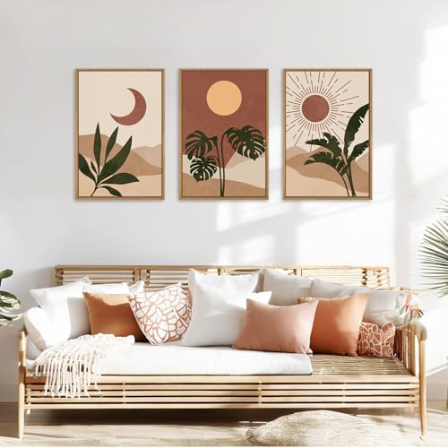 KAIRNE Vintage Sun and Moon Framed Canvas Wall Art Set,Boho Desert Botanical Wall Decor,Abstract Green Terracotta Art Prints,Retro Minimalist Artwork for Living Room,Bedroom,Farmhouse,Office-16"x24"x3 - Image 2