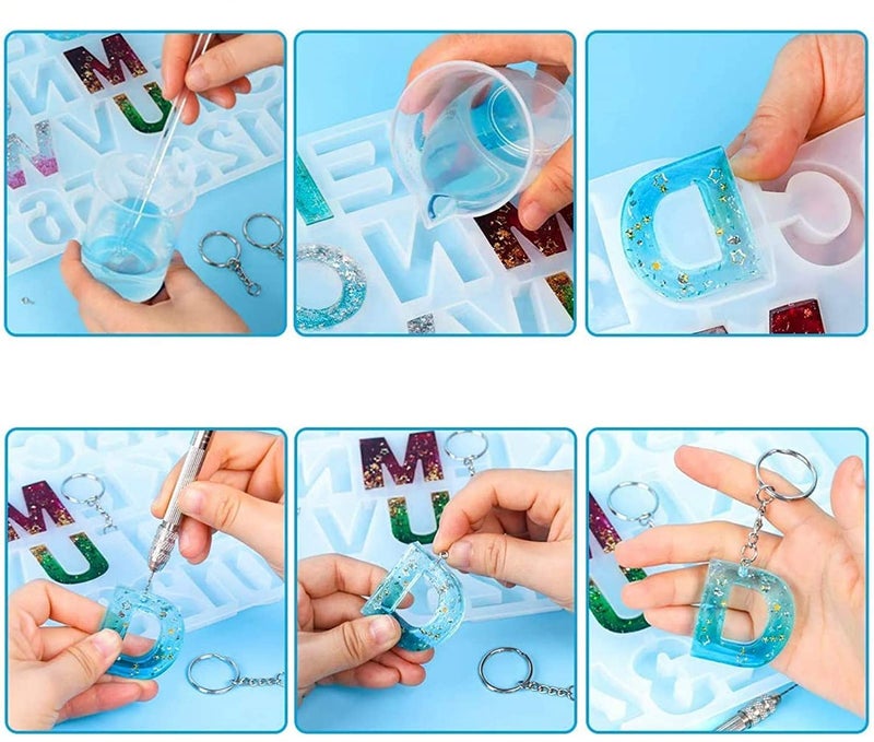 SNOOGG 3D Silicone Resin Mould Alphabet and Numbers for Pendants Keychains Earrings DIY Craft Letters ABCD with Built in Hole Enabler with Keychain and 2 Coaster - Image 5