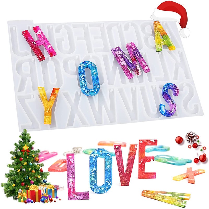 SNOOGG 3D Silicone Resin Mould Alphabet and Numbers for Pendants Keychains Earrings DIY Craft Letters ABCD with Built in Hole Enabler with Keychain and 2 Coaster - Image 3