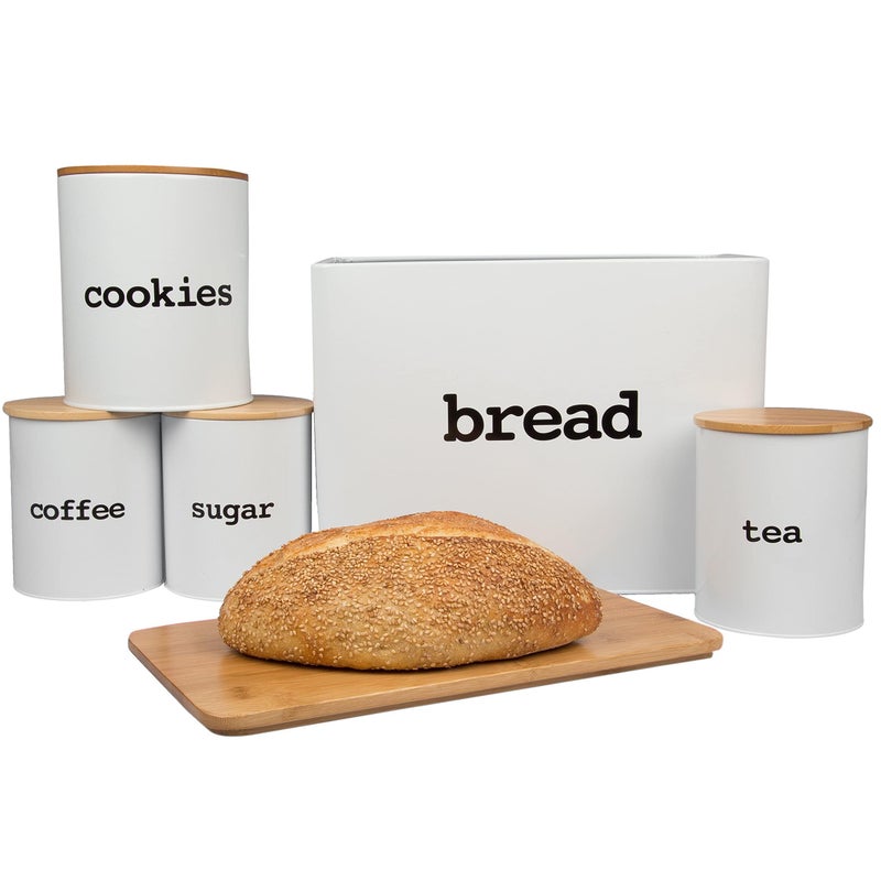Airtight Metal Canister Set for the Kitchen w Lids and Cutting Board and Lids 10pc Set Organize Tea Sugar Coffee Cookie Jar Snacks Breadbox with Ease Kitchen Gift for the Cooking Enthusiast