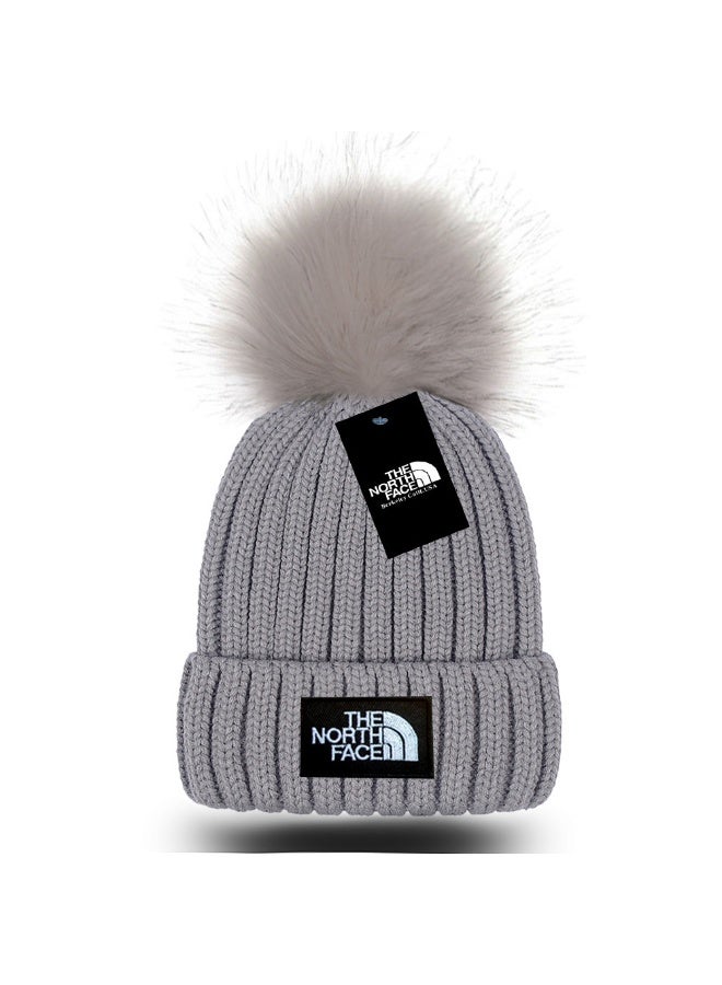 The North Face Grey Knitted Beanie with Real Fur Pom, Winter Warm & Stylish